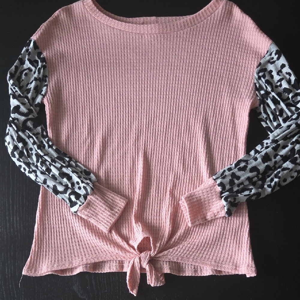 Pink Long Sleeve Top with Leopard Print Sleeves
